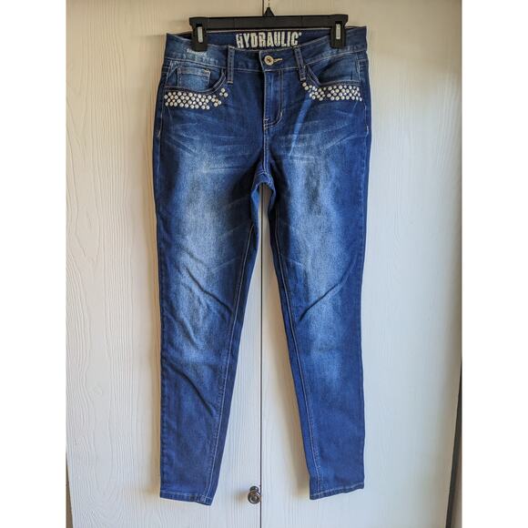 Hydraulic Women's Blue Beaded Mid Rise Button Belt Loop Blended Jeans Size 8 - Picture 1 of 5